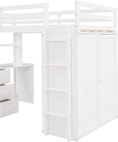 Miniatura 54 de Quarte Cama alta multifuncional, cama alta tamaño matrimonial con escritorio integrado y estantes de almacenamiento, dos cajones y escalera de
