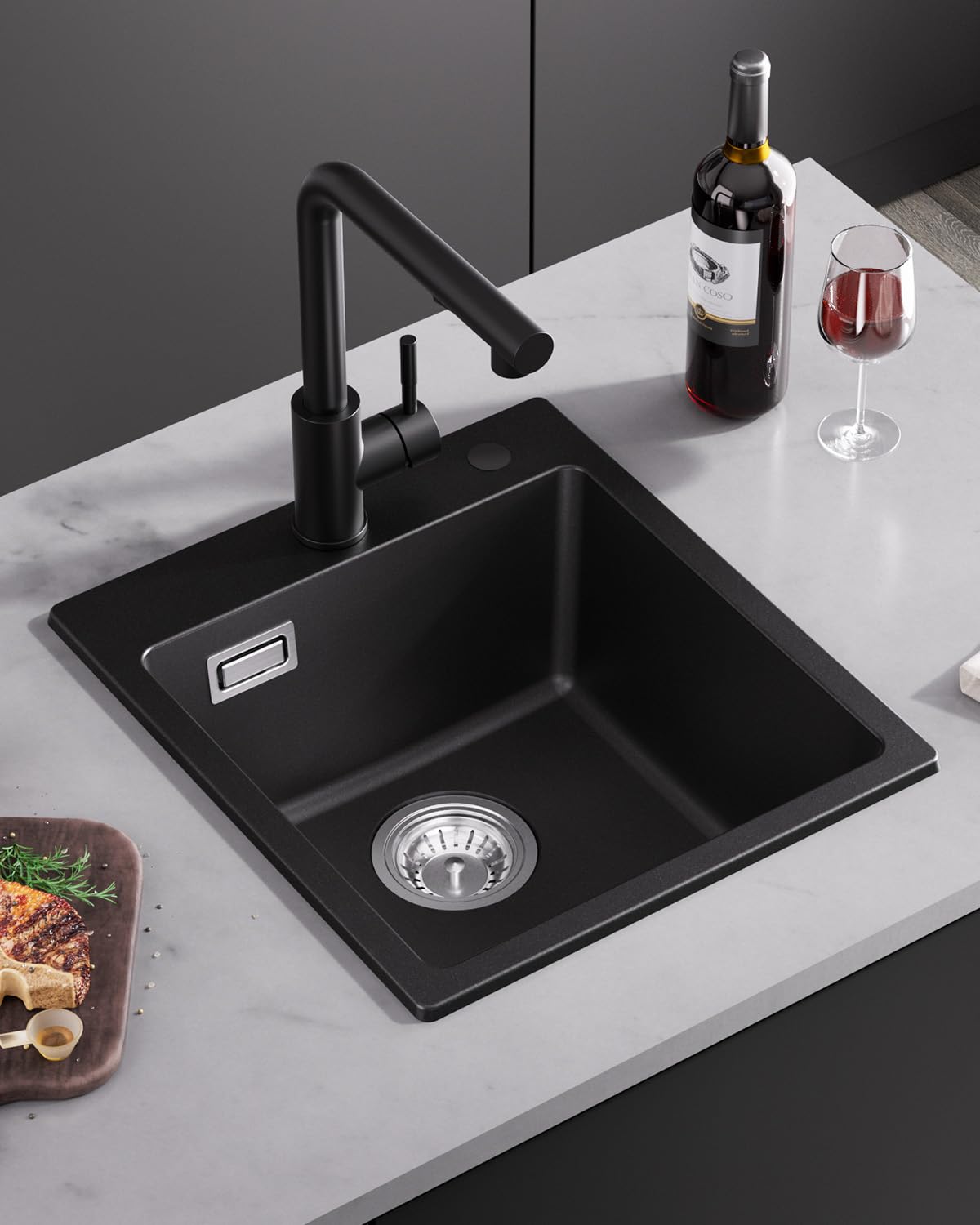 Sofetiy Spüle Anthrazit, Spülbecken Schwarz, Küchenspüle Edelstahl, Moderne Edelstahlspüle, Einbauspüle Rechteckig, Waschbecken Küche Schwarz, inkl. Siphon