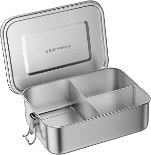 1200ml Lunch Box Bread Box of 18/8 Stainless Steel Bento Box with 3 Compartments, 19x14x6cm