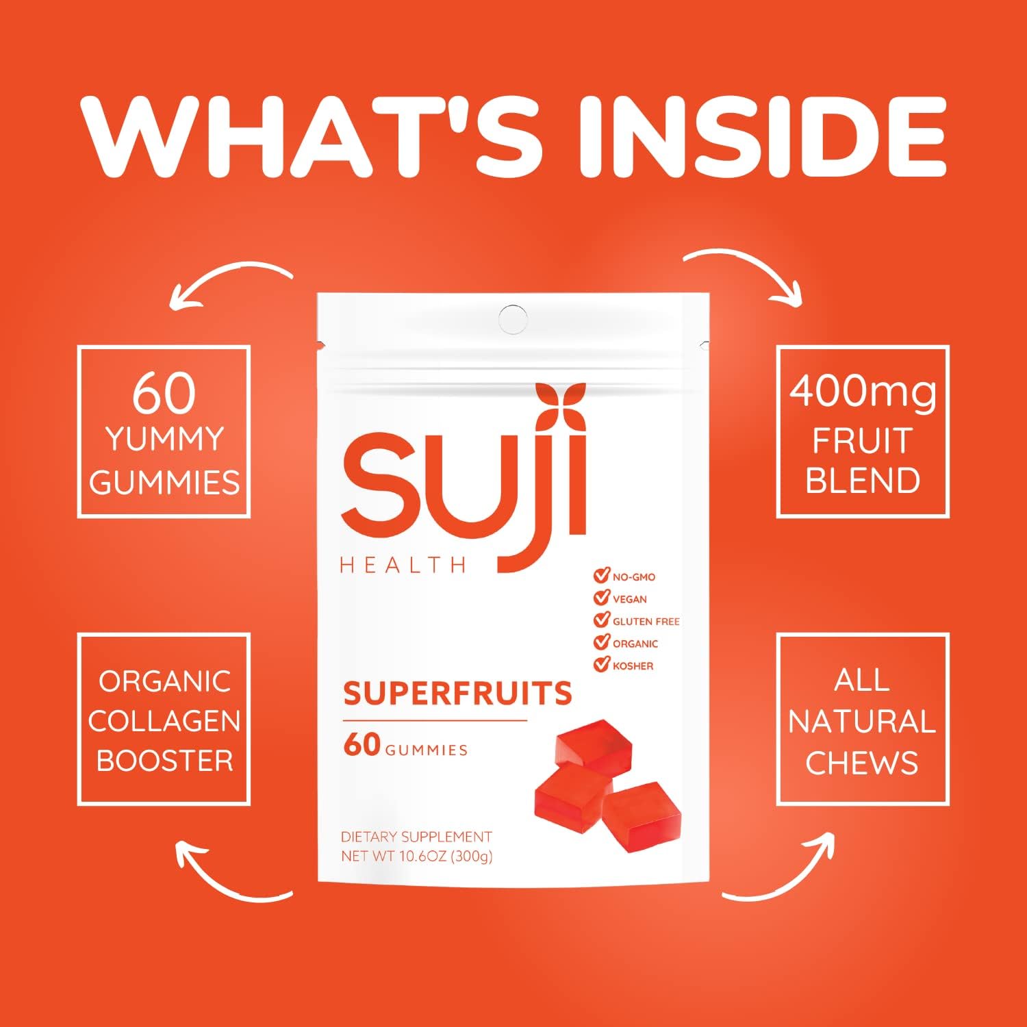 Suji Health Superfruit Gummies | Plant Based Collagen Booster with Acai Gooseberry Banana Apple Strawberry & Beet Root | Citrus Splash Flavor | Organic Natural Gluten Free Non GMO Vegan (60 Gummies)