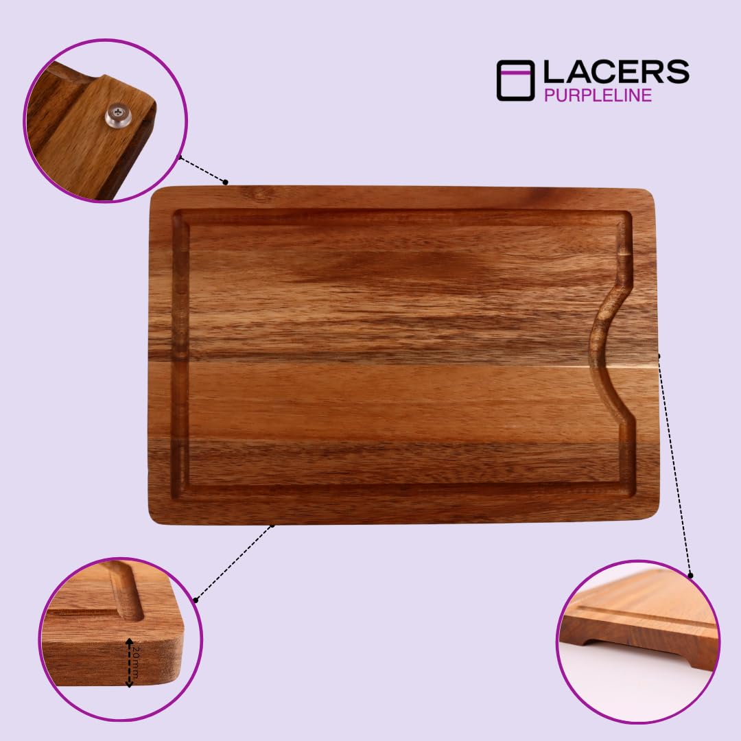 Lacers PurpleLine - Bundle - Holzschneidebrett 4-teilig mit Saftrille & rutschfesten Füßen/Kochlöffelset 14-teilig aus Akazienholz - Vielseitiger und nachhaltiger Küchenhelfer für die Küche