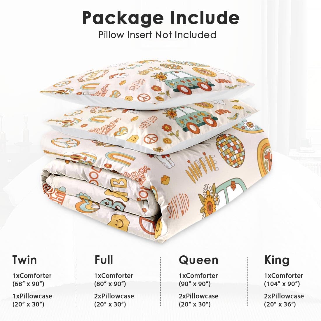 Full Size Comforter Set with 2 Pillowcases, Retro 70S Funny Hippie Psychedelic Soft 3 Pcs Bedding for Kids and Adults Bedroom Bed Decor