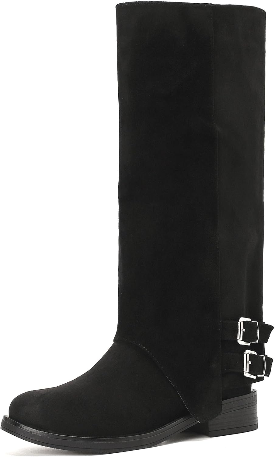 Putu Women's Fold Over Boots Flat Knee High Boots Faux Suede