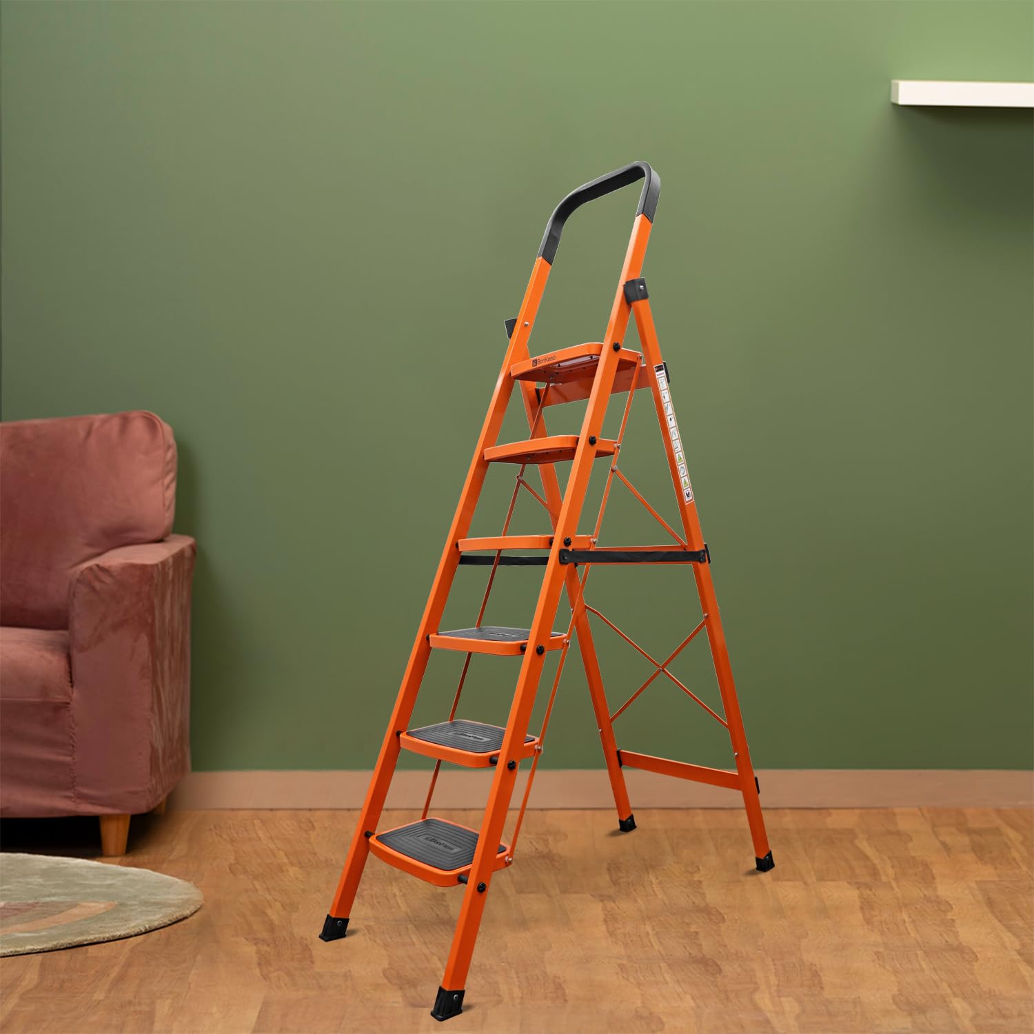 BonKaso Premium Alloy Steel Heavy Duty Multipurpose Foldable 6 Step Ladder with Connecting Frame & Belt Support for Home and Outdoor - (Orange) (B0CZ6S95GD) Amazon Price History, Amazon Price Tracker
