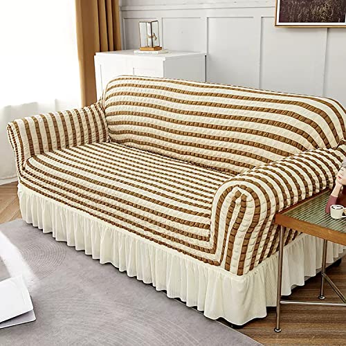 Image of House of Quirk Turkish Bubble Frill 280 GSM Sofa Slipcovers, Durable Washable Universal Triple Seater High Elastic Furniture Protector (Beige Stripe, 185-230cm)