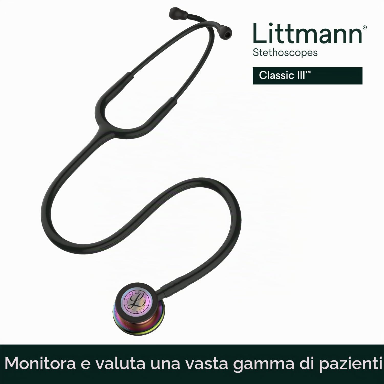 3M Littmann Stetoscopio per il monitoraggio Classic III, testina con finitura arcobaleno, connettore e archetto neri, tubo auricolare nero, 69 cm, 5870