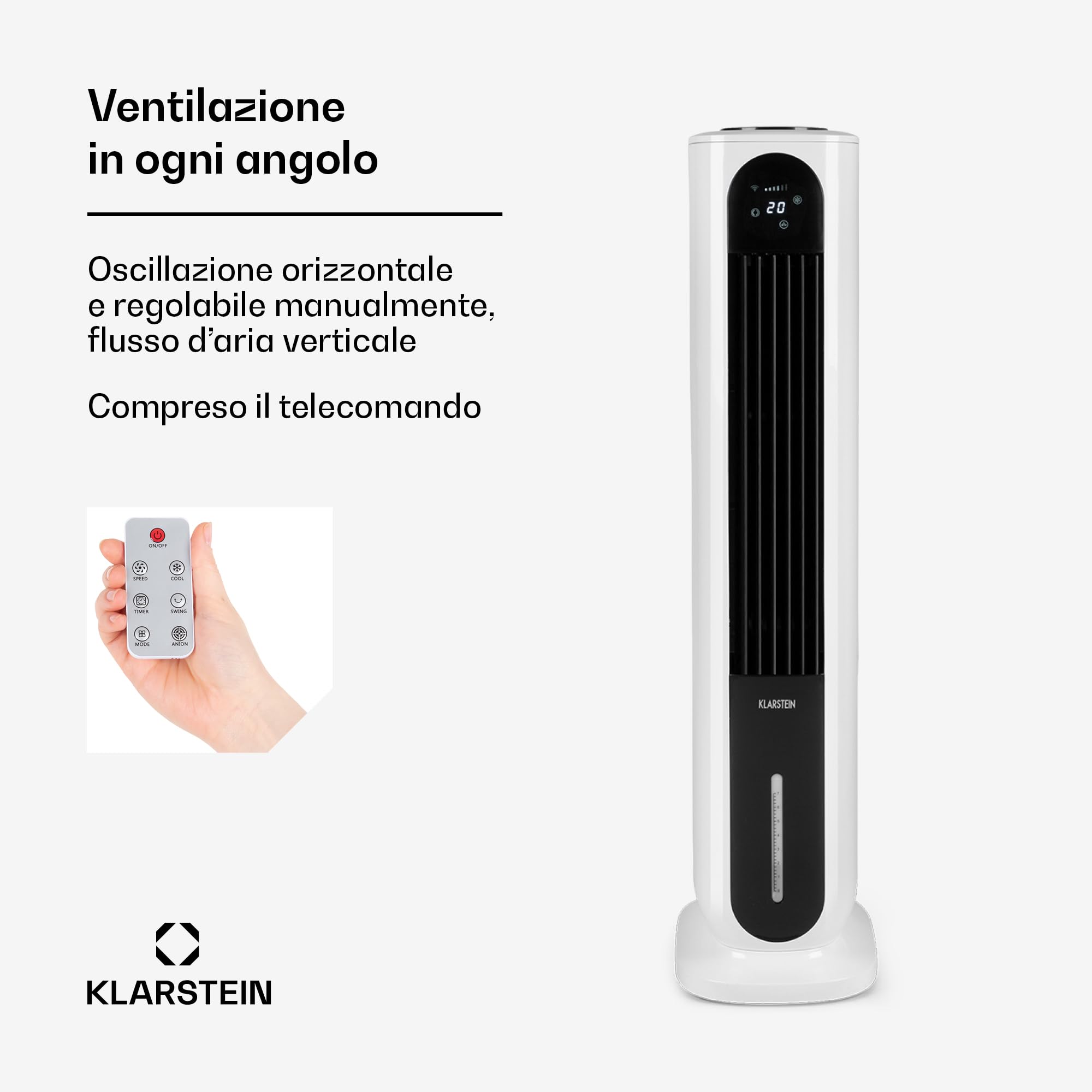 Klarstein Polar Tower Smart Raffrescatore Evaporativo 4-in-1 – Ventilatore, Umidificatore & Purificatore, Controllo App & Alexa, Serbatoio 7L, 3.306 m³/h, Timer, Modalità Notte, Portatile, Bianco