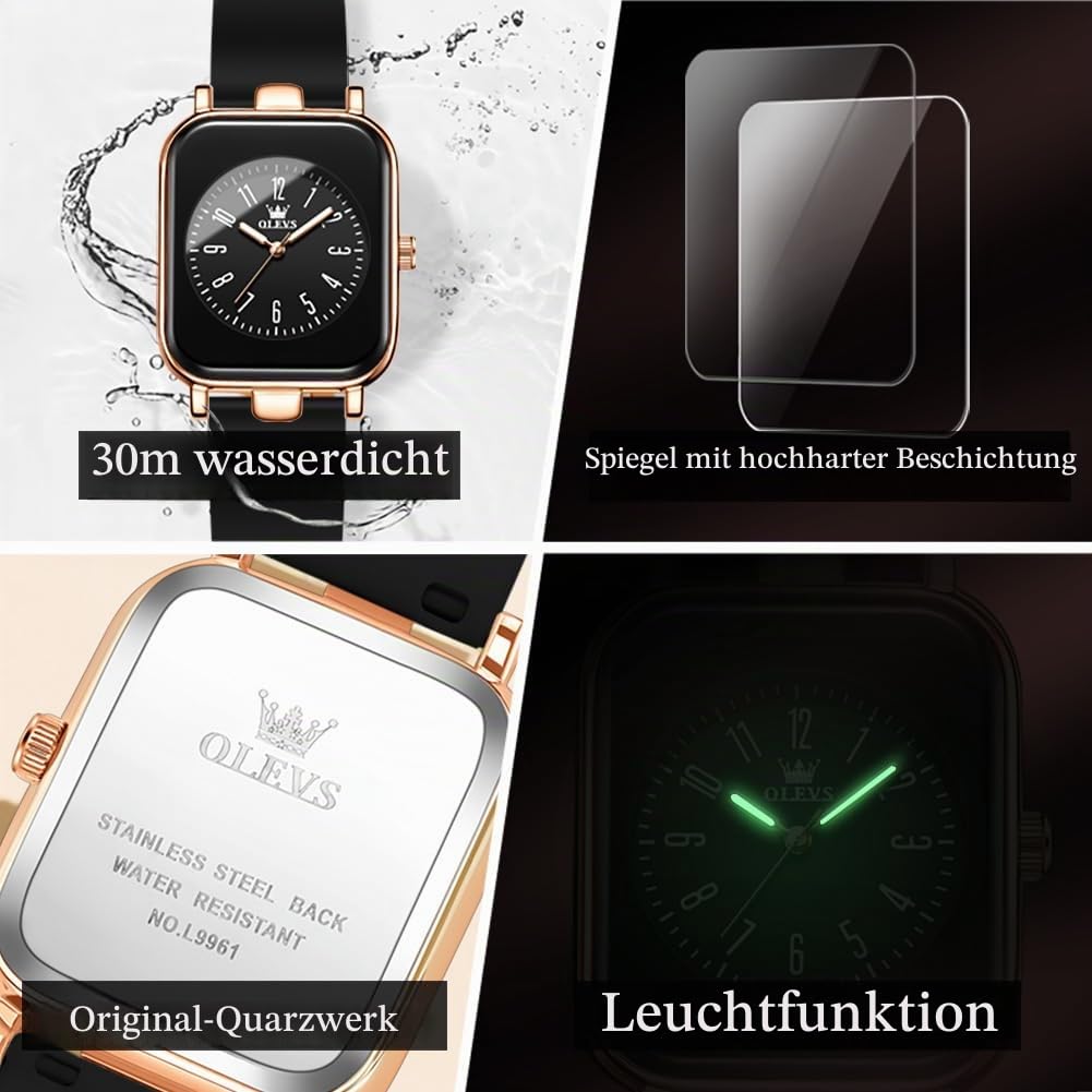 OLEVS Damen Modeuhr Casual Quadratisch Minimalistische Armbanduhren Leuchtende Wasserdicht Silikon Gurt Leichte Quarzuhr für Damen