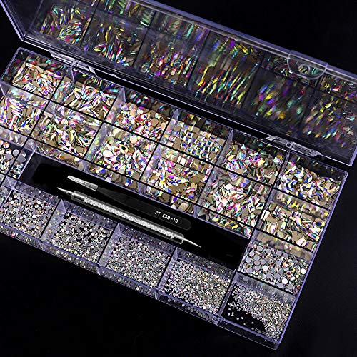 Yzzseven 12 Types Of 600 Special-Shaped Diamonds + 2500 Flat-Bottomed Rhinestones Mix 20 Styles Flatback Rhinestone Crystals 3D Decorations Flat Back Stones Gems Set +Tweezers + Drill Pen #TOP3