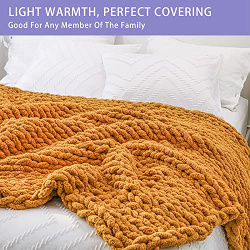 Bigacogo Chunky Knit Blanket Throw 51"X63", 100% Hand Knitted Chenille Throw Blanket, Big Soft Thick Yarn Cable Knit Blanket, Large Rope Knot Crochet Throw Blankets For Couch Bed Sofa (Burnt Orange) #TOP1