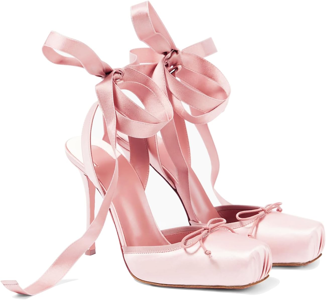 NSZPD Women's Satin Ballet Slingback High Heels with Bows Closed Square Toe Lace-Up Stiletto Pumps Elegant Mary Jane Wedding Party Shoes