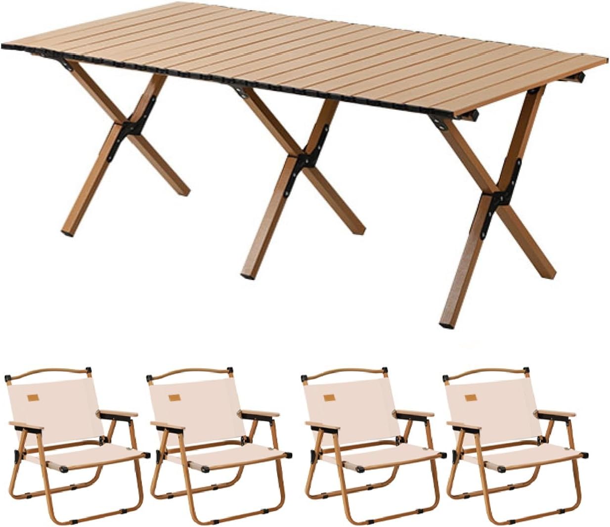 Collapsible Picnic Side Table & Chairs，Foldable Camping Table and Chairs Set，Lightweight and Easy to Carry, Suitable for Gardening, Fishing, Festivals, Etc.(Wood,120CM+4 Chairs)