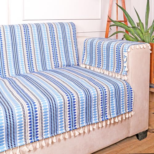 Image of STITCHNEST Woven 1 Seater Sofa Protector with 2 Hand Rest Covers - Blue & White Stripe Design - Washable Fabric with Tassels - Stylish Sofa Cover for Modern Living Room & Furniture Decor