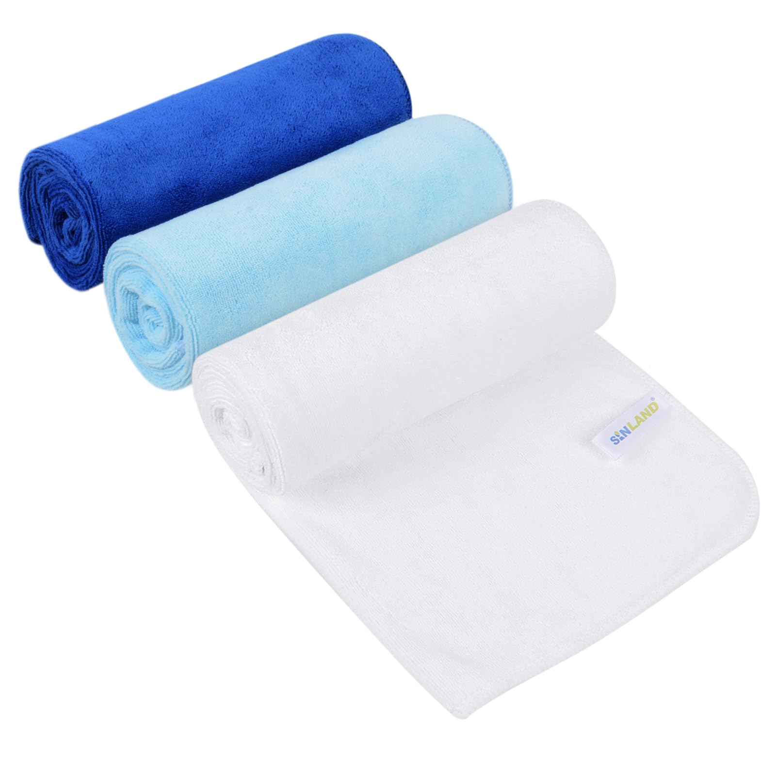 SINLAND Microfibre Gym Towels Sports Fitness Workout Sweat Towel Super Soft and Absorbent (Dark Blue + Light Blue + White)