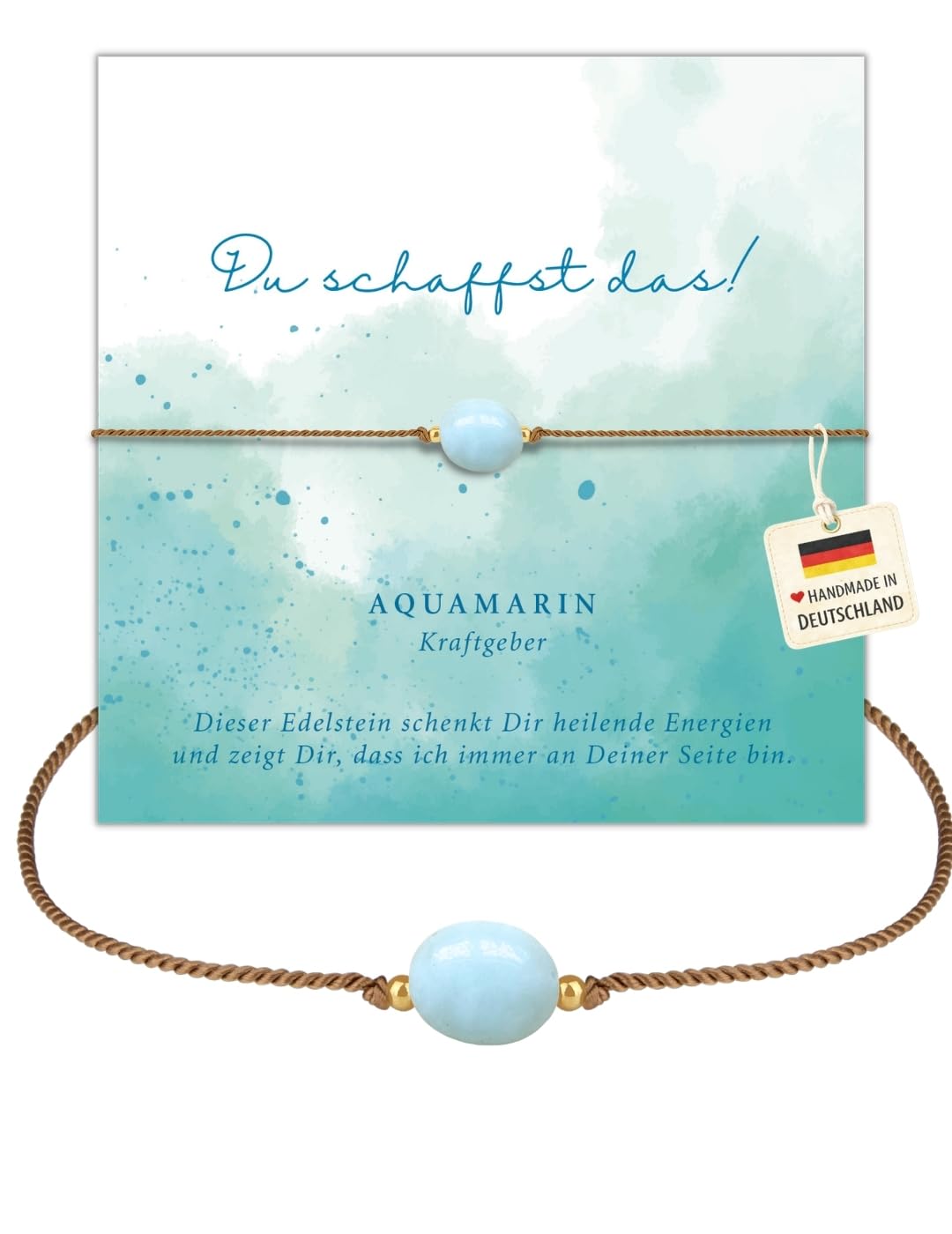 happymaker - Mutmacher Geschenk, Aquamarin Armband mit vergoldeten Perlen und schöner Geschenkverpackung, Geburtsstein Fisch - Du schaffst das - Geschenk, handmade in Deutschland