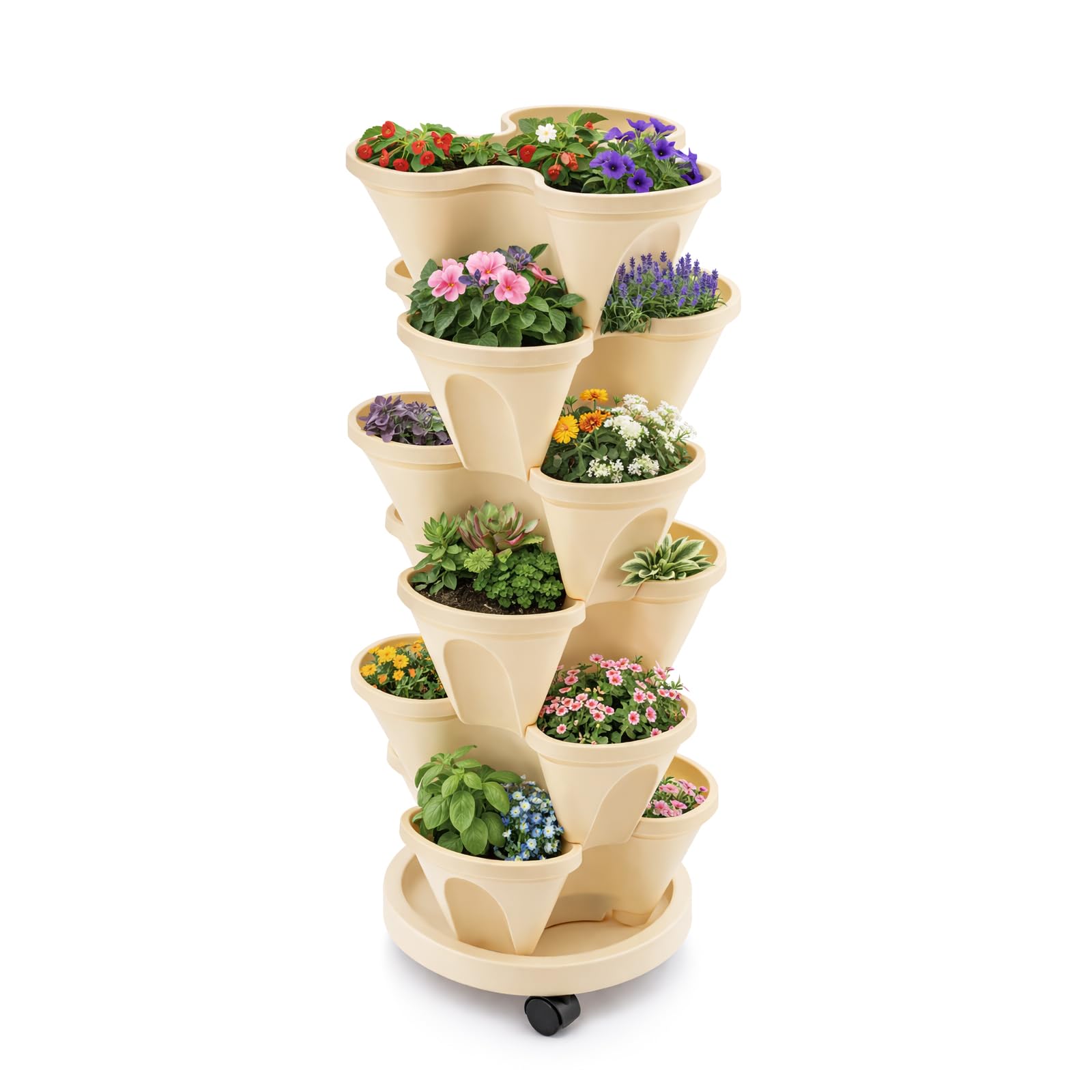 GreenWhim 6 Tiered Stackable Vertical Garden Planter with Wheels Strawberry Plant Pot Tower for Herbs Flowers Vegetables Strawberry Space Saving Outdoor Indoor