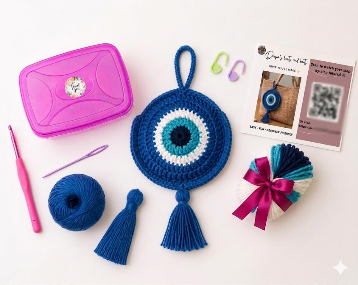 Evil Eye Crochet Pouch DIY Kit for Beginners | Complete Crochet Kit with Yarn, Hook, Tutorial & Accessories | Aesthetic Mini Storage Charm Making Kit | Gift for Teens & Adults-image-48