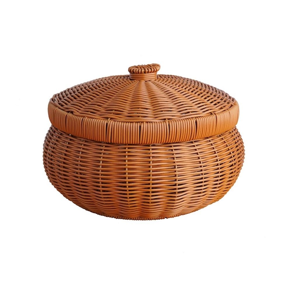 Zhaoj24-05 Fruit Racks Rattan Fruit Basket with lid Table Decorative Storage Baskets Kitchen Bread(Large)