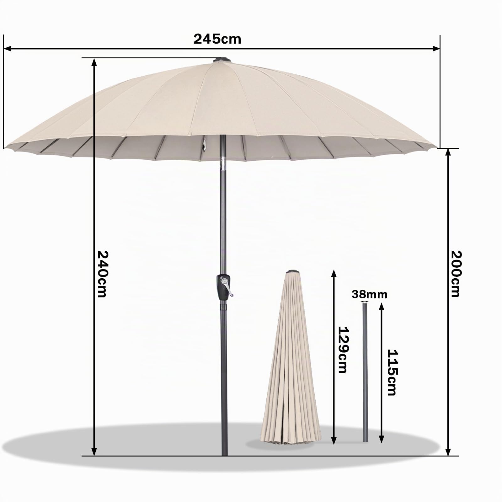 Angel Living Parasol De Jardin Parasol 250cm Rond, 24 baleines, L'Ombre De MéCanisme D'Inclinaison De Manivelle, Protection UV, pour Balcon, Terrasse, Piscine, Extérieur, Plage