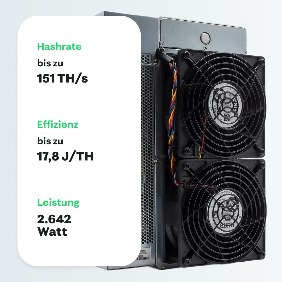Bitmain Antminer S21 Bitcoin Miner 2.642 W | 151 TH/s | Krypto/ASIC Miner | Braiins OS mit Autotuning für mehr Effizienz 17,8 J/TH | inkl. Netzteil & Stromkabel | BTC Miner