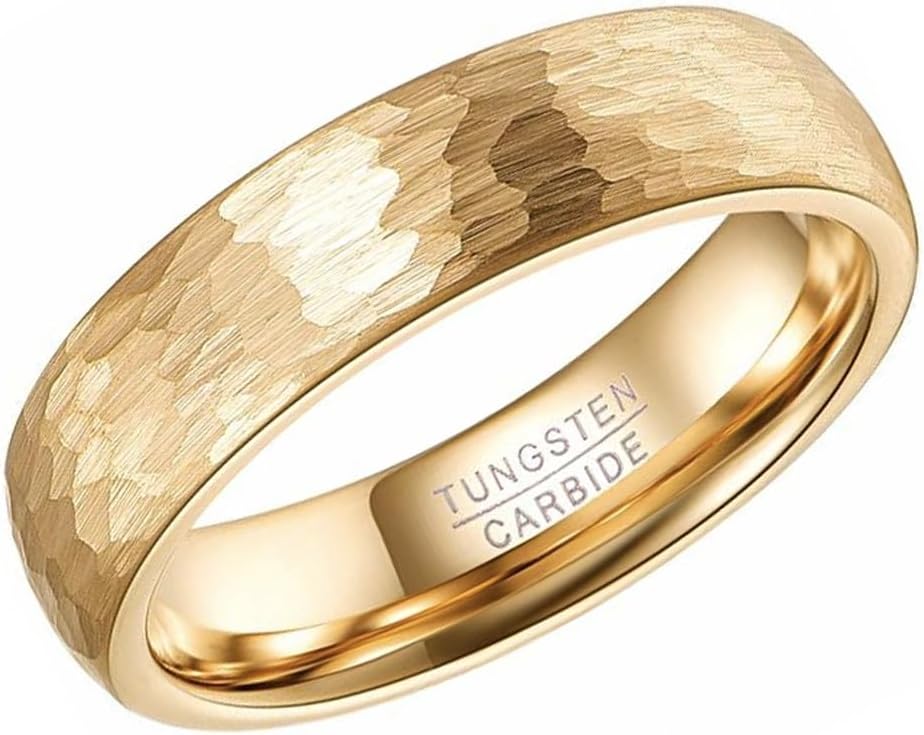 (6mm) Unisex, Women's or Men's Gold Hammered Finish Domed Top Tungsten Carbide Wedding Ring Band.