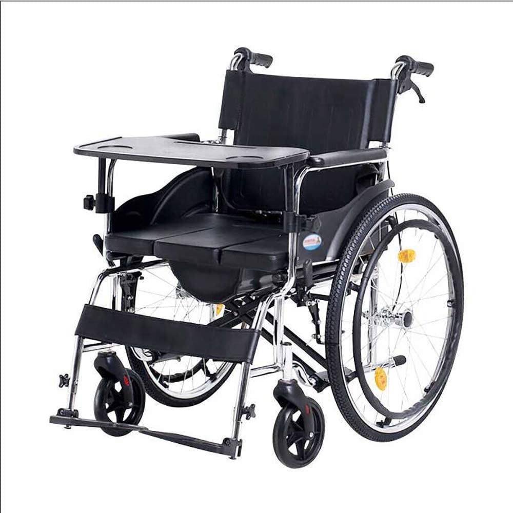 DYR Silla de Ruedas de Transporte con Inodoro para Ducha Todo en uno con Asiento Acolchado para Inodoro y Mesa con Bandeja para el Regazo de la Silla de Ruedas