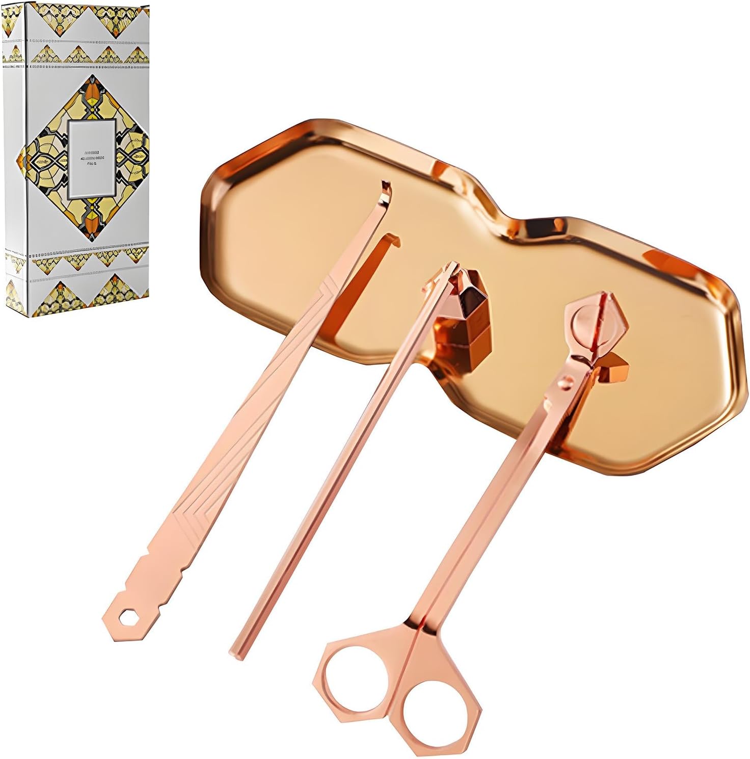 Premium 4 in 1 Candle Accessory Set - Candle Wick Trimmer, Snuffer, Wick Dipper and Tray, Care Kit for Candle Lover, Perfectly Trimmed Wicks (Rose Gold)