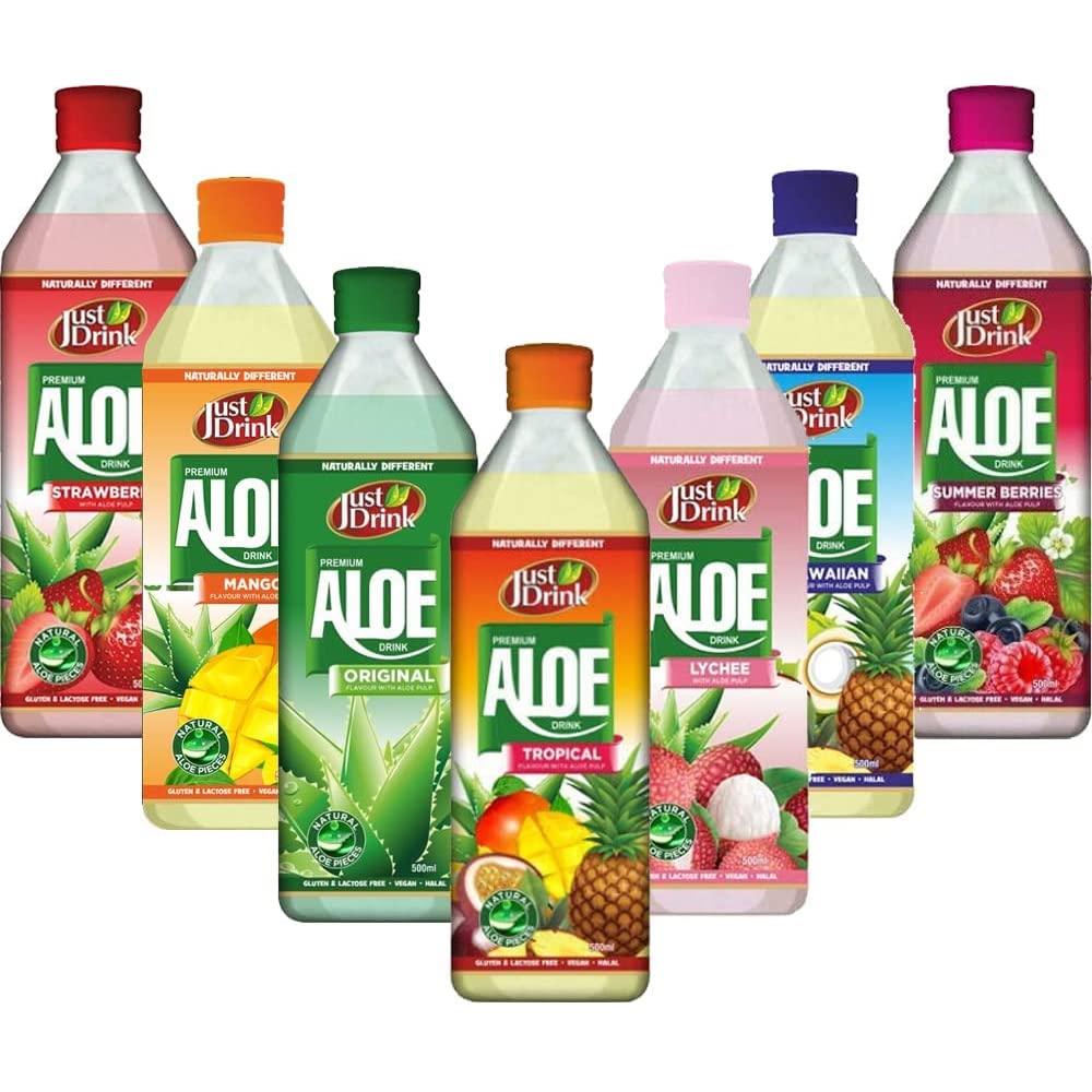 Just Drink Aloe 12 x Random Mixed 500ml Bottles - (Strawberry,Mango,Original,Tropical,Lychee,Hawaiian,Summer Berries)
