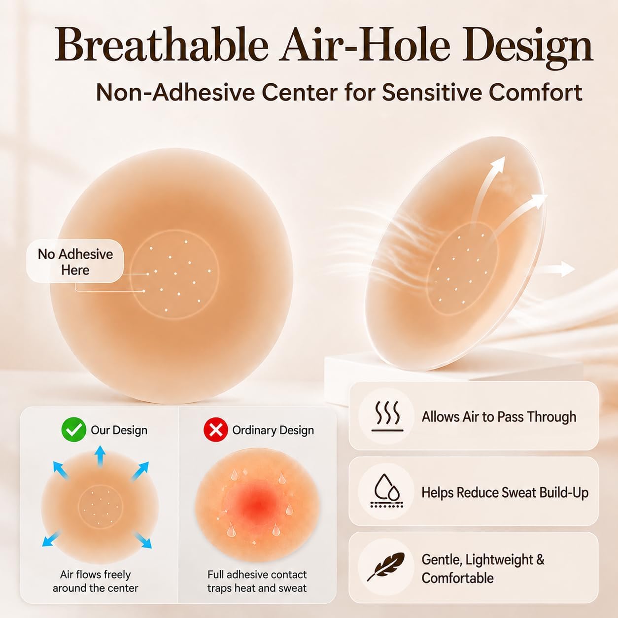 Breathable Nipple Covers For Women, Reusable No Show Sticky Pasties, Silicone Adhesive Pasties with Travel Case
