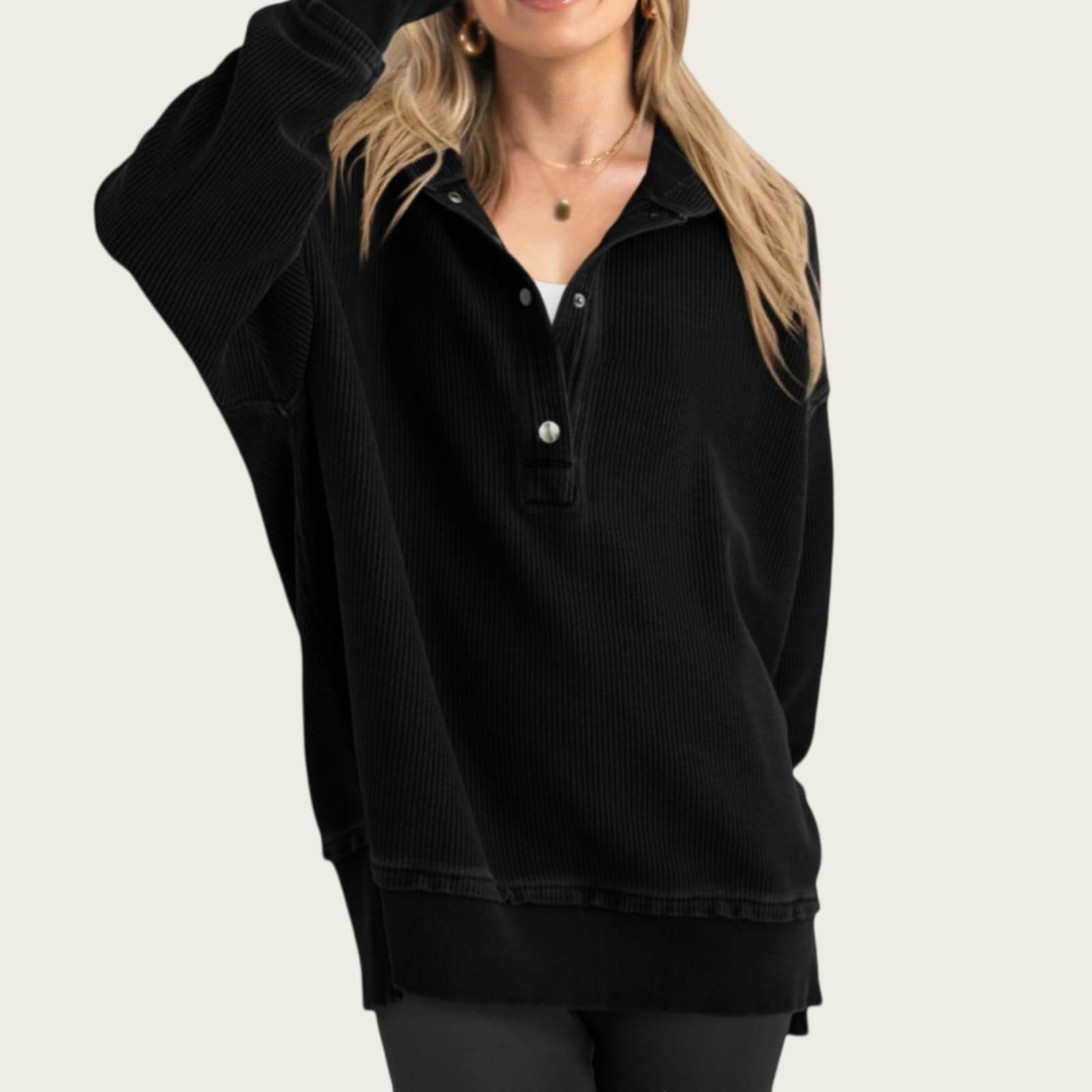 Damska bluza z kapturem oversize, dekolt w serek, rozcięcia boczne, luźny sweter, top na jesień-zimę