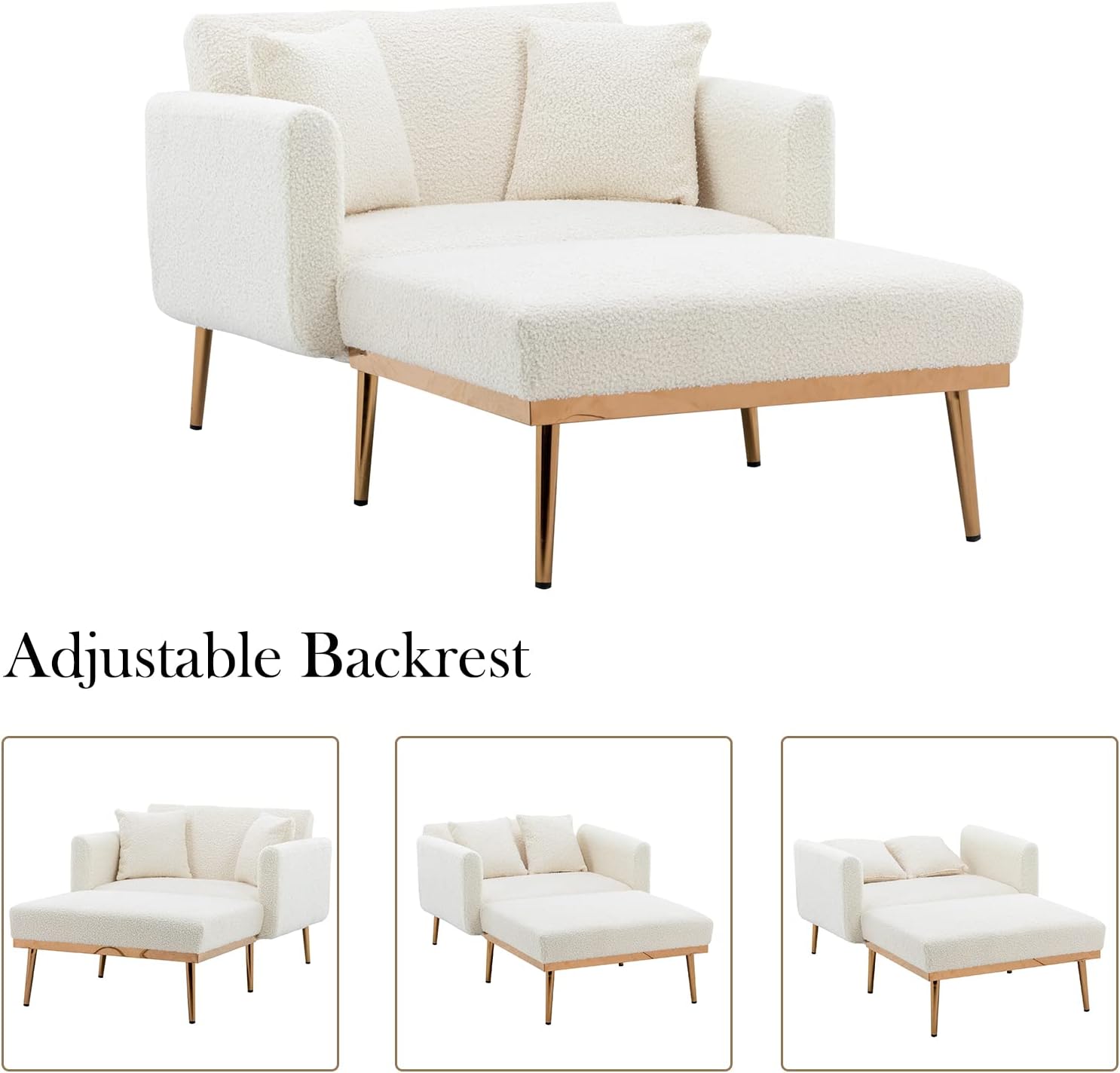 Yoluckea Modern 2 in 1 Chaise Lounge Chair, Teddy Velvet Accent Recliner Chair Indoor Convertible Sleeper Chair with 3 Adjustable Angles for Living Room Bedroom (White Teddy Velvet)