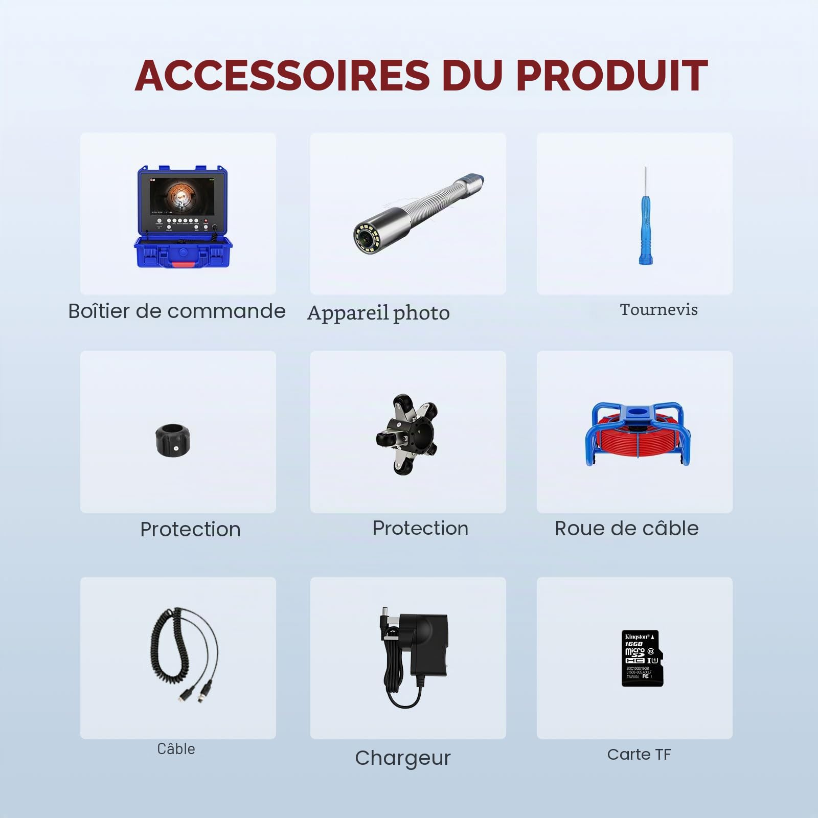 Camera Inspection Canalisation avec Compteur de Distance, 9'' IPS Moniteur Caméra Endoscopique avec Enregistreur DVR, Étanche IP68 Plombier Tuyaux Drain Endoscope Industriel
