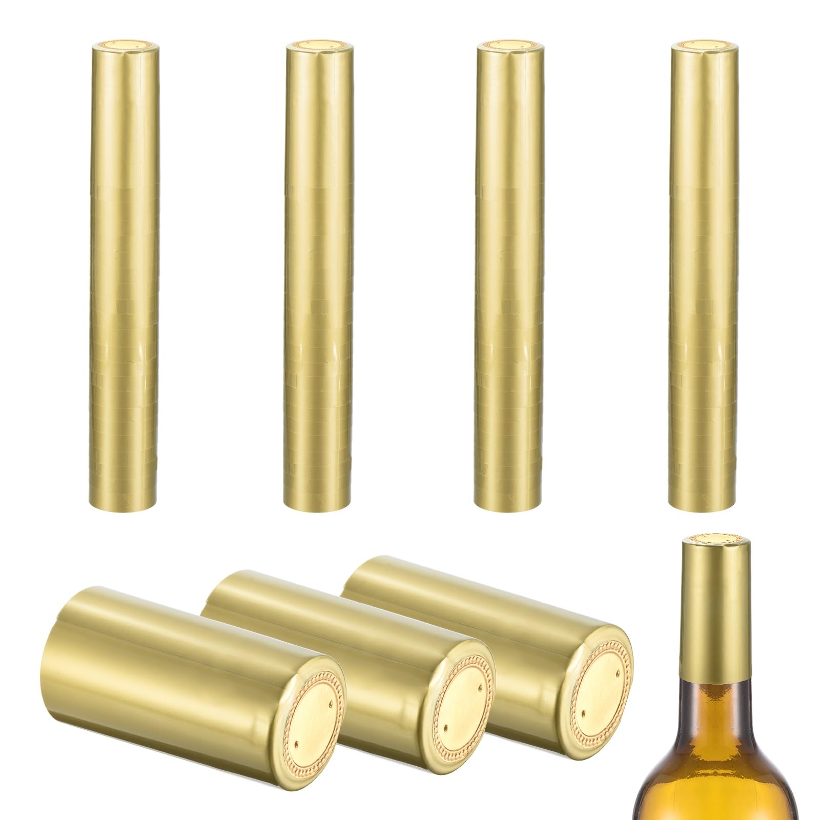 sourcing map 110Pcs PVC Heat Shrink Capsules, 30mm x 60mm Wine Bottle Capsules Shrink Wrap Sleeves Bottle Corks Caps for Wine Making Cellars and Home Kitchen, Gold/Gold