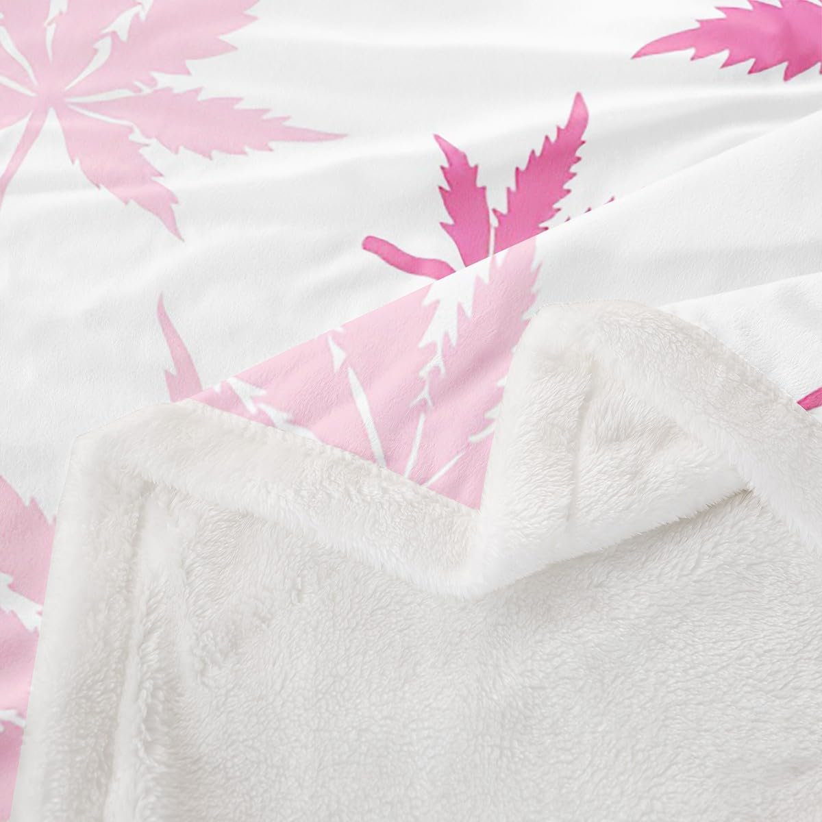 Feelyou Girls Marijuana Leaf Fleece Throw Blanket for Kids Women Cannabis Leaves Sherpa Botanical Plush Pink White Decor Fuzzy Blanket for Sofa Bed Couch 50x60 Inches