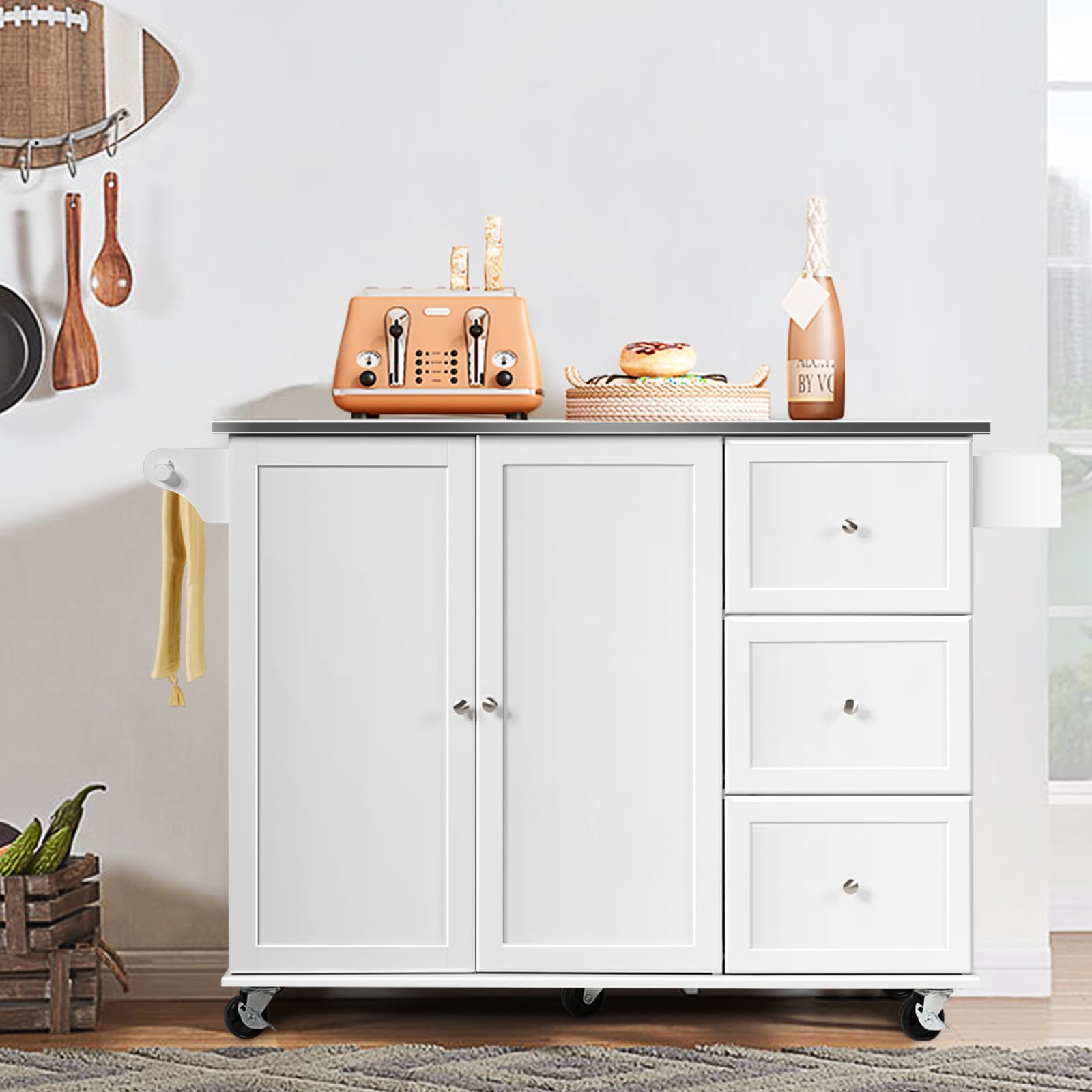 KOMFOTTEU Isla de Cocina con Encimera de Acero Inoxidable, Carrito de Servicio con 3 Cajones, Toallero y Estantes Ajustables, Armario de Cocina con 5 Ruedas, 135 x 45,5 x 91,5 cm (Blanco)