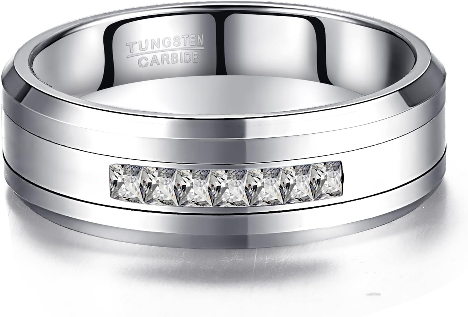 NUNCAD 8 MM Men's Tungsten Carbide Rings Wedding Band with 7 Large Channel Set Cubic Zirconia Size 7 to 12