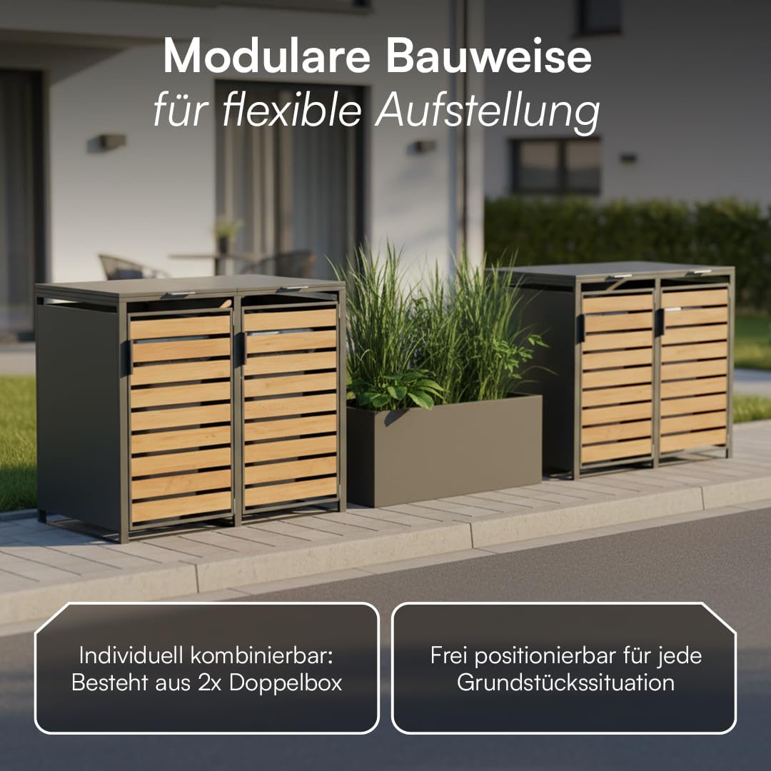 STEELSØN Kestra Mülltonnenbox 4er bis 240L – Mülltonnenverkleidung aus Stahl mit Sichtstreifen in Holzoptik – hochwertige Müllcontainer für 4 Tonnen – Müllbox in Anthrazit – Gerätebox wetterfest