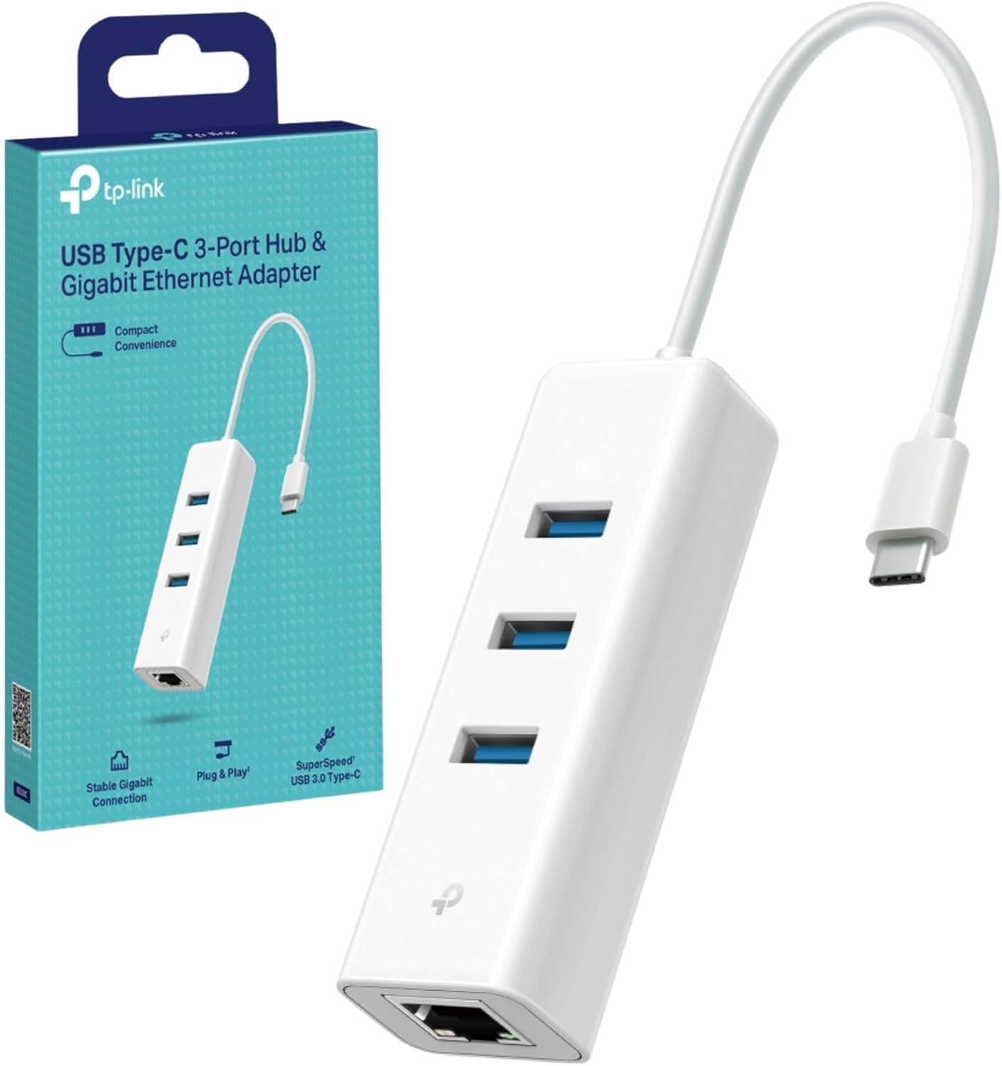 TP-Link UE330C - Adaptador USB-C 3.0 a Ethernet | Hub USB-A 3.0 portátil de 3 puertos con 1 puerto Ethernet Gigabit RJ45 | Adaptador de red para laptop | Plug & Play | Soporta Win 7/8/8.1/10/11, Mac