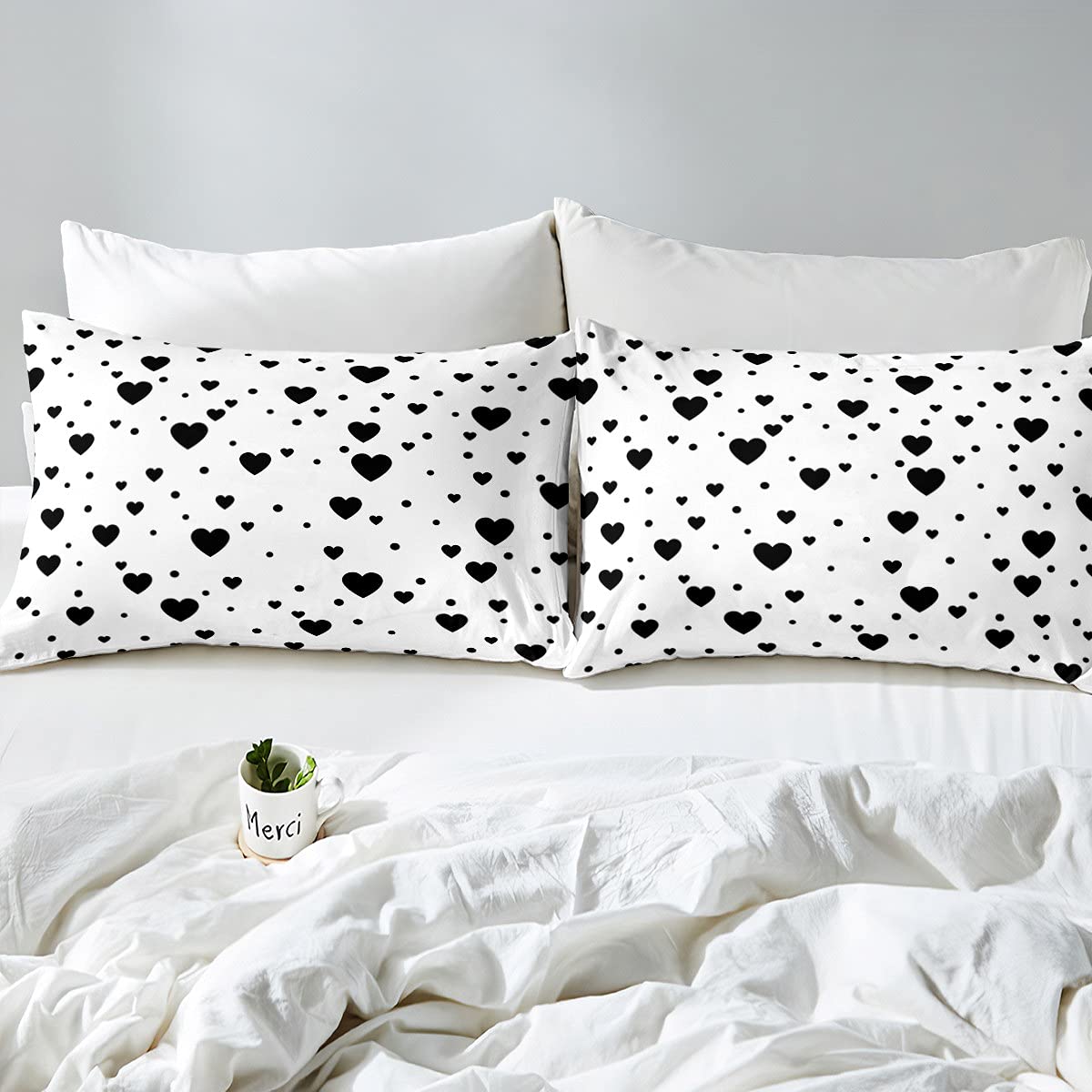 Set di biancheria da letto con cuori per ragazze e ragazzi e bambini, con Trapunta geometrico, Trapunta e piumone in bianco e nero, reversibile, per letto 230x220cm, 3 pezzi