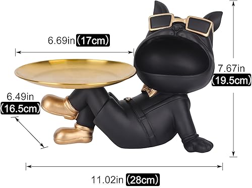 Miniatura 2 de XIYOUQI Bandeja de almacenamiento de estatua de bulldog francés de resina, bandeja para llaves para mesa de entrada, bonita estatua de mayordomo de