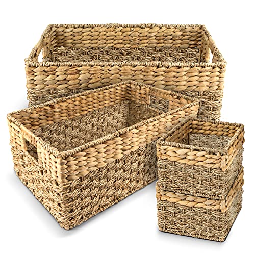 Rustic Home Resources Storage Basket Wicker Baskets for Organizing. Set of 4 Woven Basket - 1x Large Basket, 1x Medium Decorative Basket and 2x Small Basket. Rustic, Hyacinth and Seagrass Baskets, Rectangular Baskets with Handles, Closet Organizers a