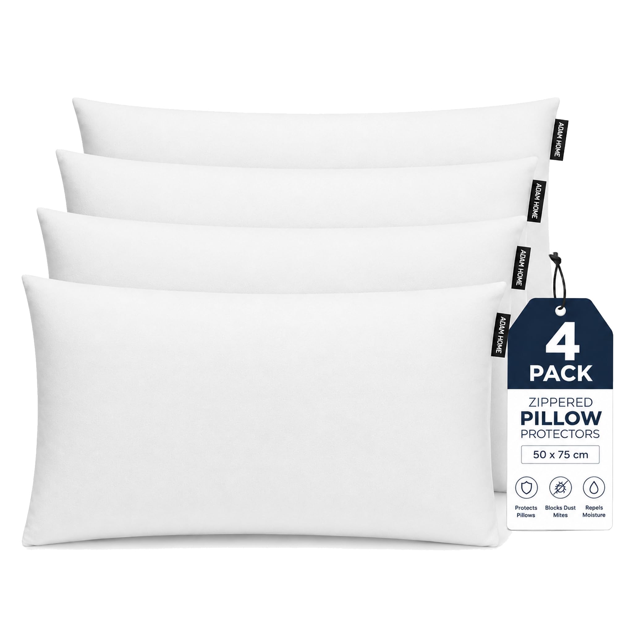 Adam Home White Pillow Protectors 4 Pack (50 x 75 CM) - Soft Microfiber Zippered Pillow Cases – Durable, Breathable & Comfortable