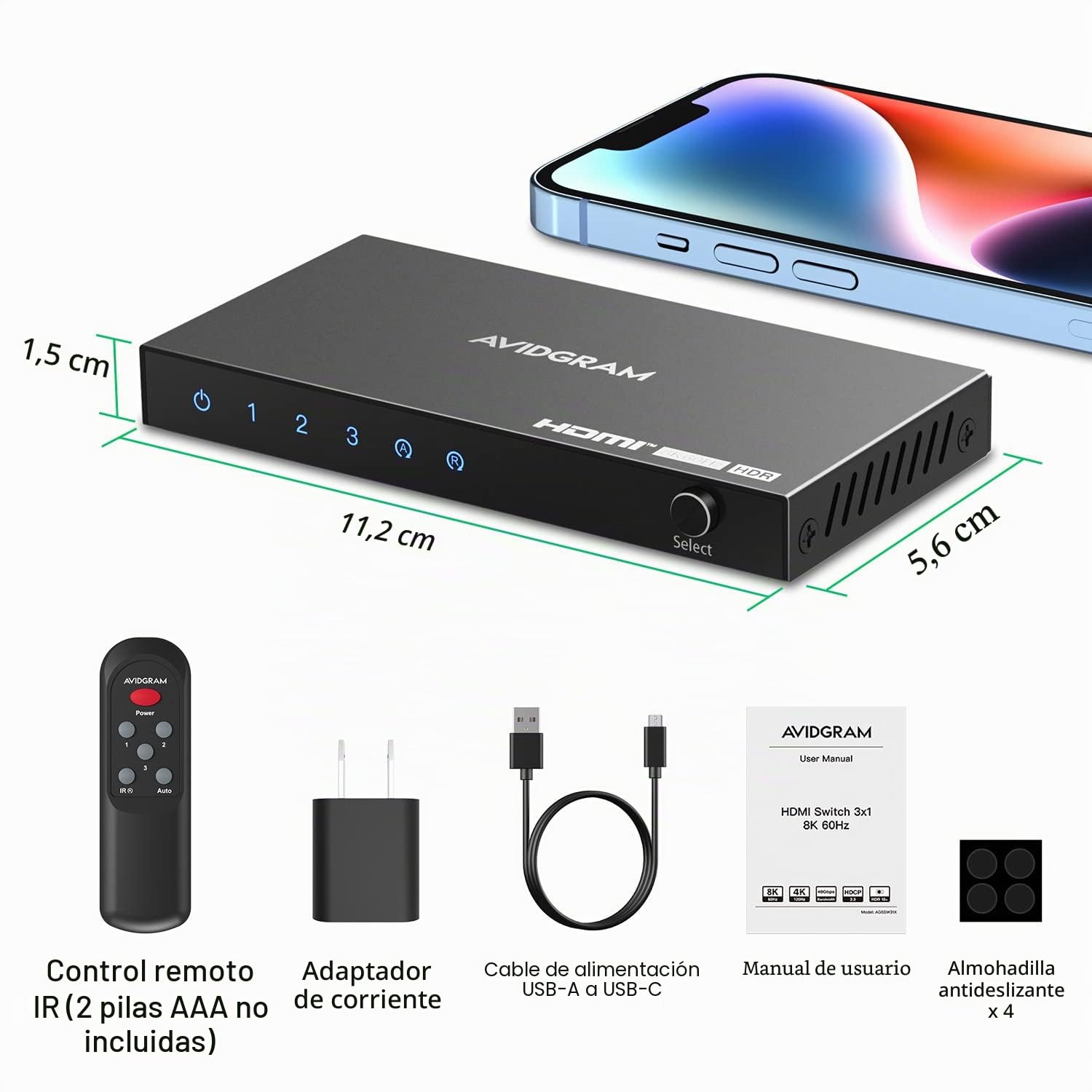 Conmutador HDMI 2.1 8K 60Hz, AVIDGRAM HDMI 3 en 1 salida con control remoto IR, 3 puertos 4K 120Hz Auto HDMI Selector Hub Soporte 8K 48Gbps para Xbox Series X PS4 Pro PS5 Roku UHD TV Monitor Proyector