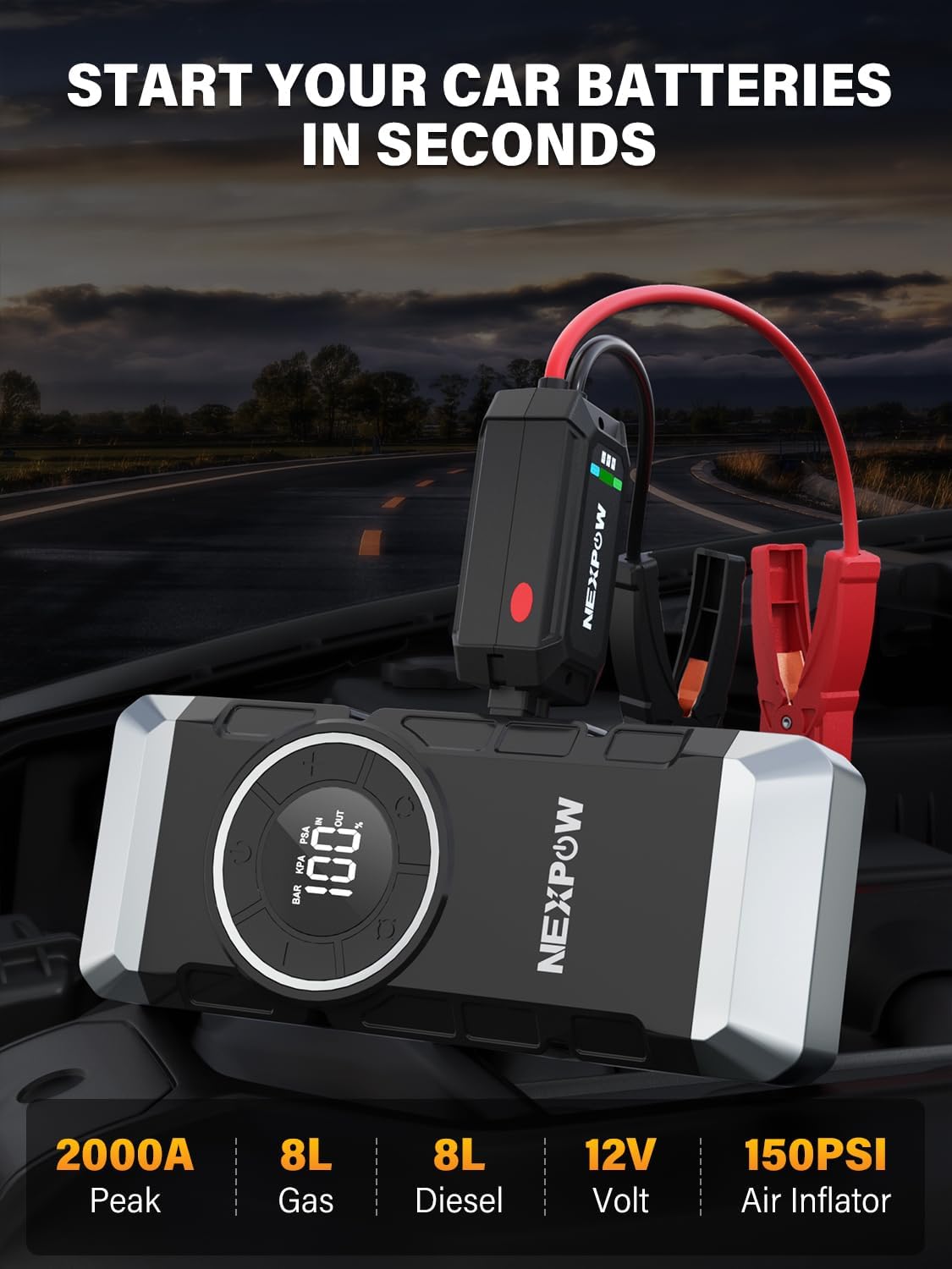 NEXPOW Booster Avviamento Auto, Con Compressore Aria Portatile, 150 Psi 4000 A, 12V Avviatore Batteria Auto, Per Motori Fino A 10 Litri, Compressore Portatile, Con Luce Led/Usb Qc3.0/Cavo Avviamento 2000A - Immagine 2