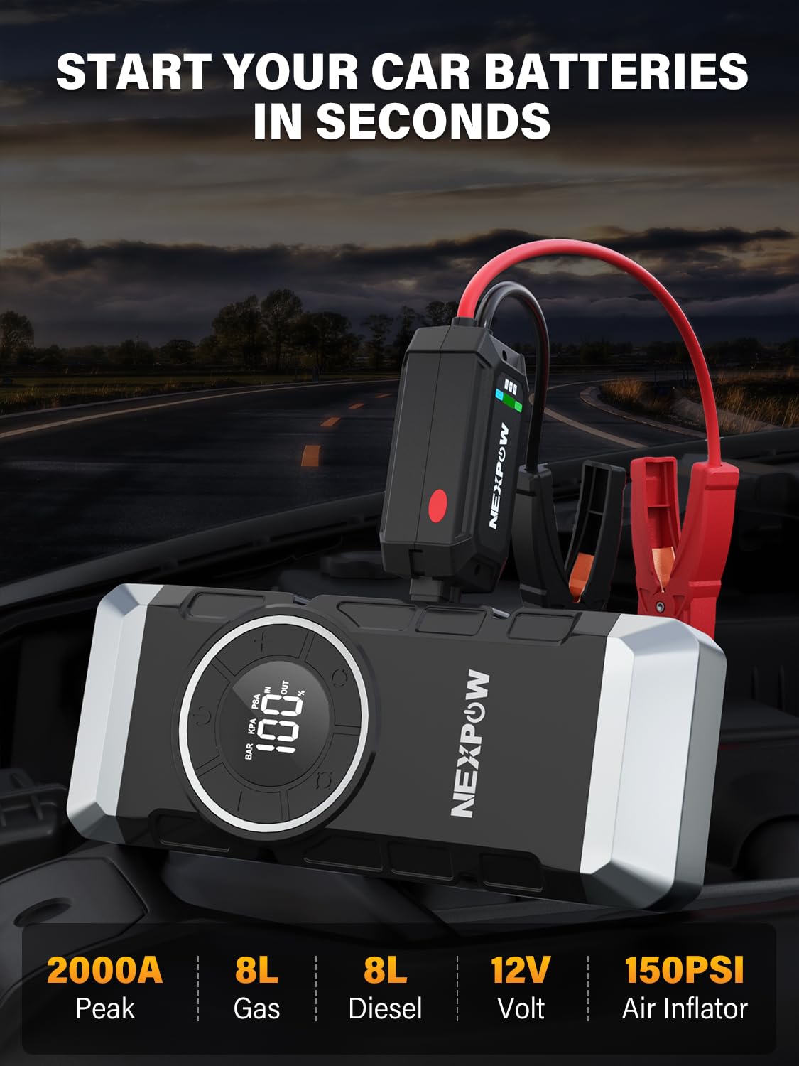 NEXPOW Booster Avviamento Auto, Con Compressore Aria Portatile, 150 Psi 2000 A, 12V Avviatore Batteria Auto, Per Motori Fino A 10 Litri, Compressore Portatile, Con Luce Led/Usb Qc3.0/Cavo Avviamento