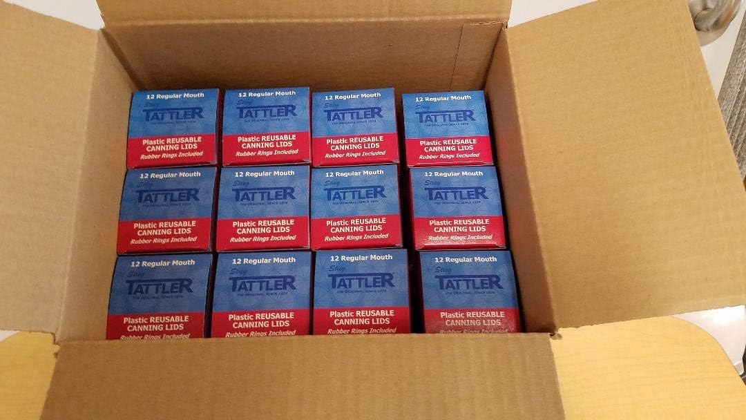 Authentic Tattler E-Z Seal Reusable Canning Lids - REGULAR Mouth 12 Dozen (144 Lids & Rings) Plastic Lid/Rubber Ring - MADE IN THE USA!
