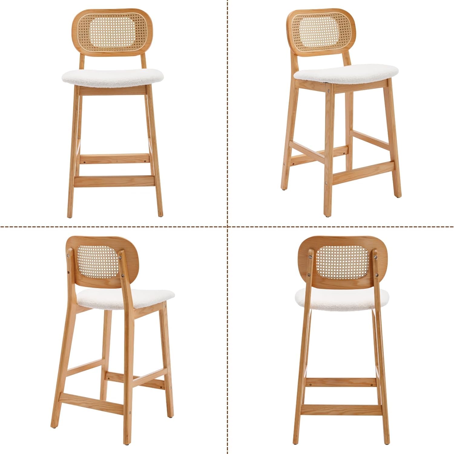 chairus Set di 2 Sgabelli da Cucina in Legno Sgabelli da Bar in Pelliccia Sintetica Sedie Alte con Schienale in Rattan Sgabelli Imbottiti per Bar/Sala da Pranzo/Banco, Beige