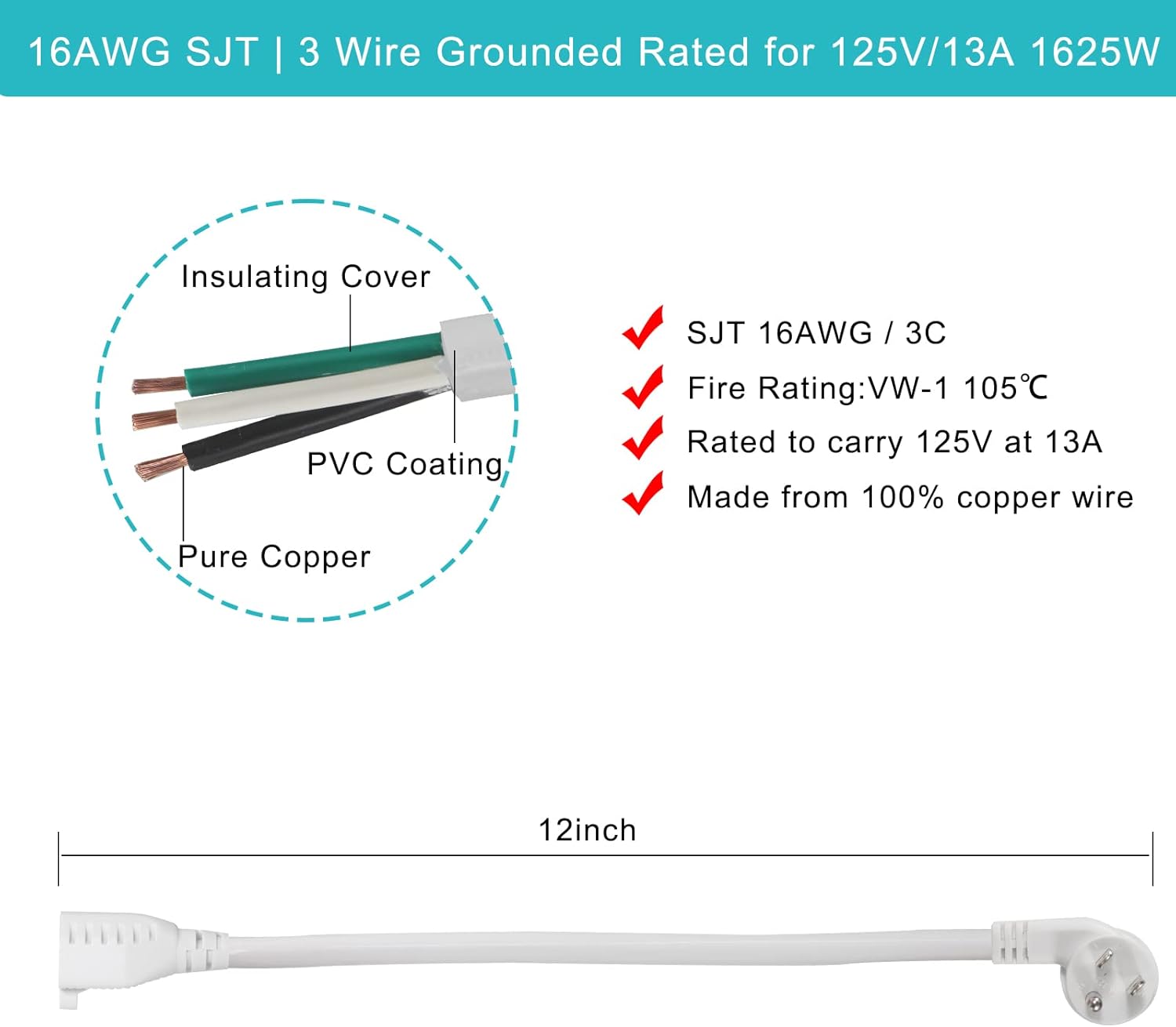 Short Power Extension Cord 1FT - Right Angle Flat Head Extension Cord with 3 Prong White Low Profile Flat Plug 3 Prong Power Cable Single Grounded SJT 16AWG Flexible Power Cord (1 PACK)