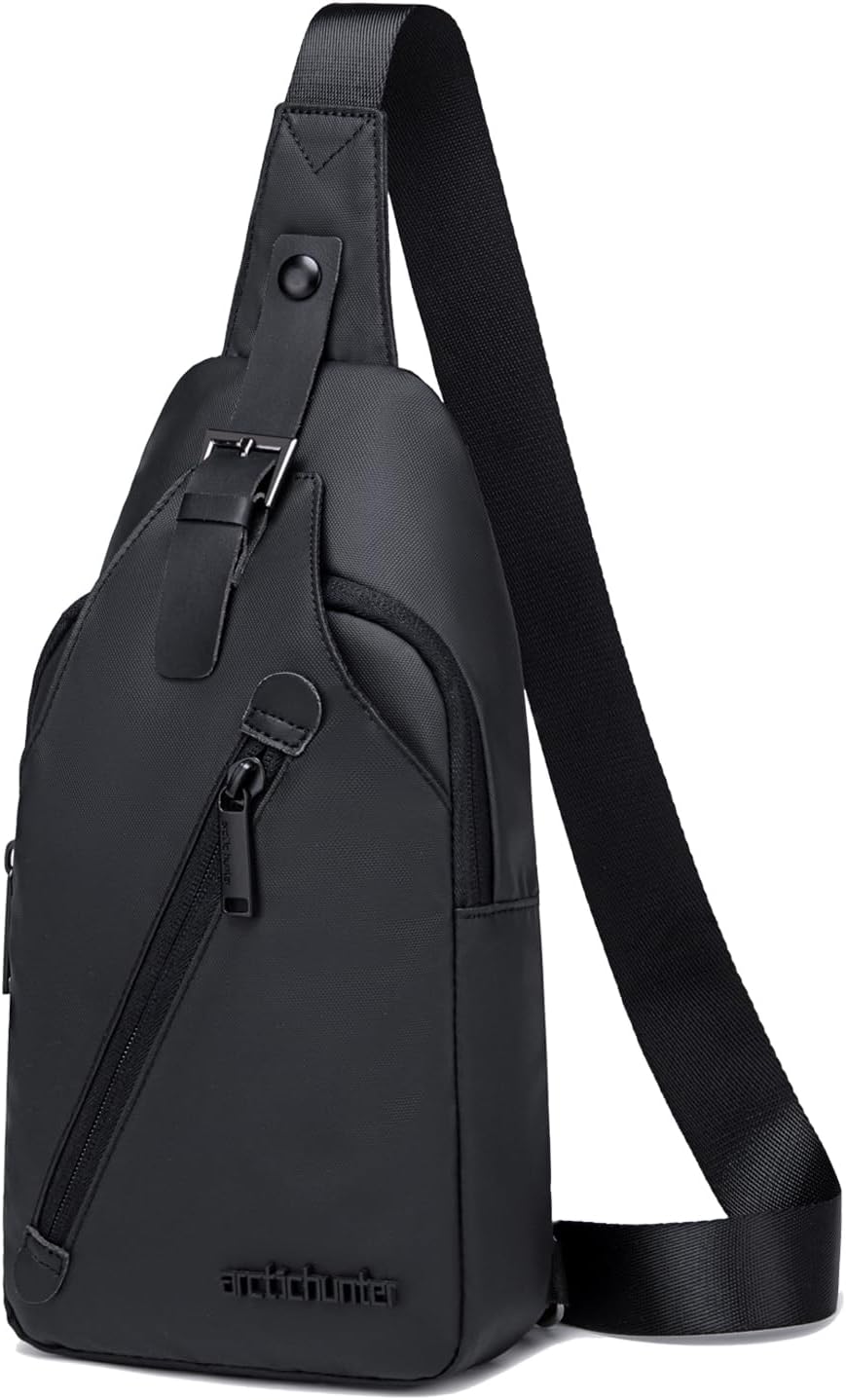 Arctic Hunter Slim Sling Bag for Men Crossbody Pack Chest Bag for Upto 8-inch iPad Small with Earphone Port Water-resistant One Shoulder Side Pouch Mobile Passport Bag for Travel Daypack Office,Black