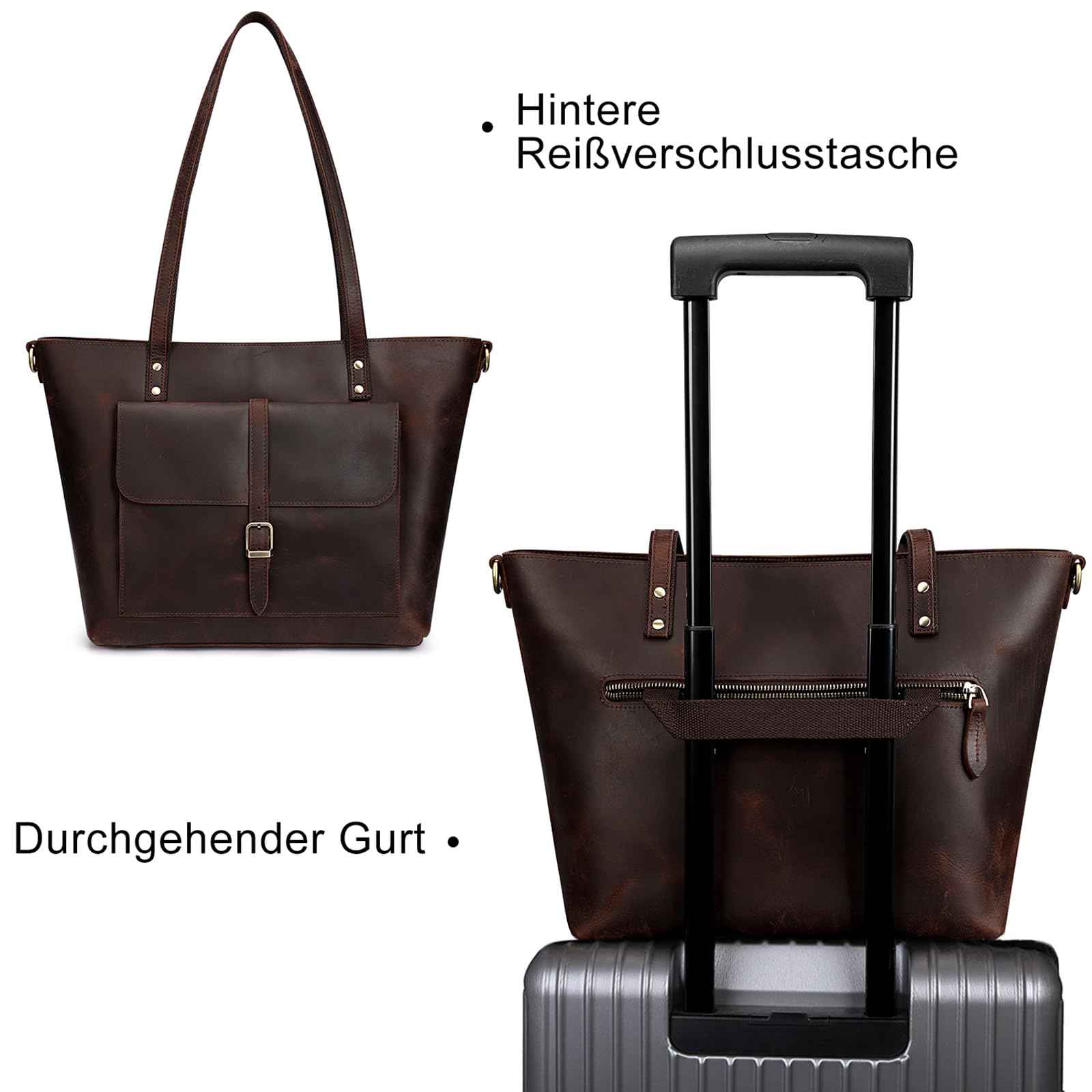 S-ZONE Damen Schultertasche Vintage Echtes Leder Groß Shopper Handtasche Henkeltasche Laptoptasche Arbeit Schule Einkaufen Reise